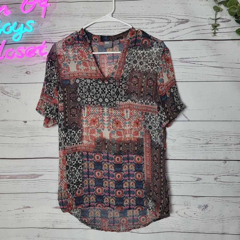 ASOS Multicolor Boho Patchwork Prairie Print V-Neck Blouse Womans Size XS